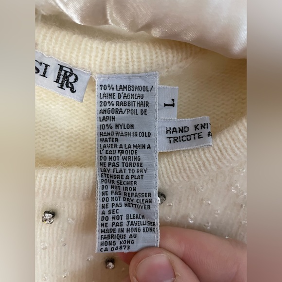 Vintage Rino Rossi Hand Knot Angola and Wool White Bedazzled Sweater Large - Picture 3 of 5